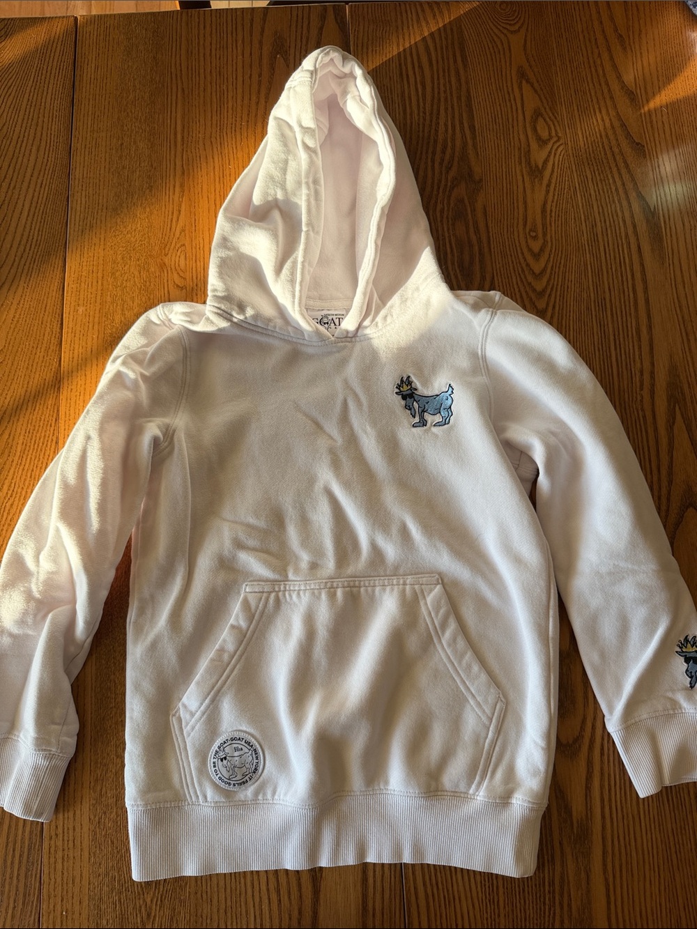 Kids White Pullover Hoodie with Playful Embroidered Animal